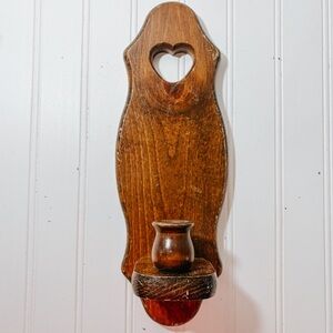 Vintage Wooden Candlestick Wall Sconce with Heart Cutout | Cottagecore